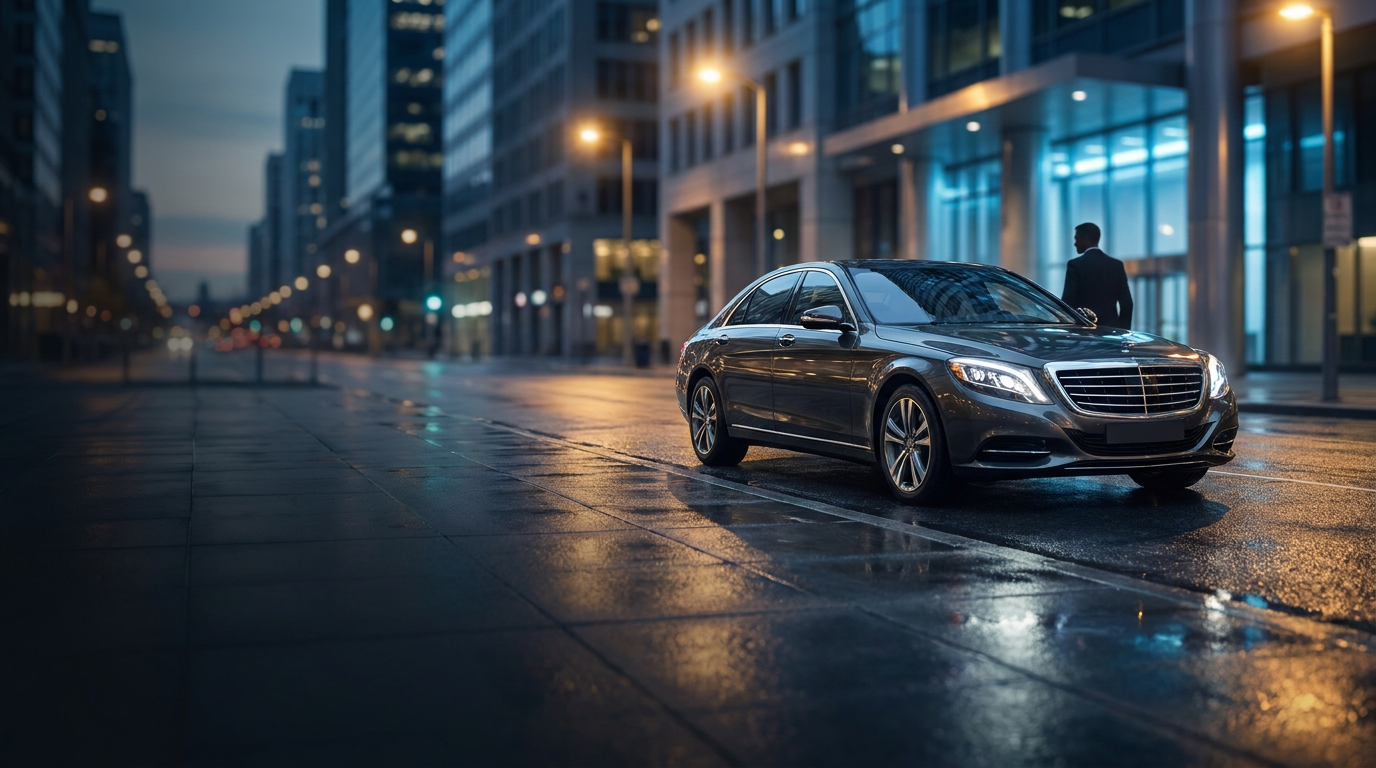 Premium chauffeur sedan at dusk
