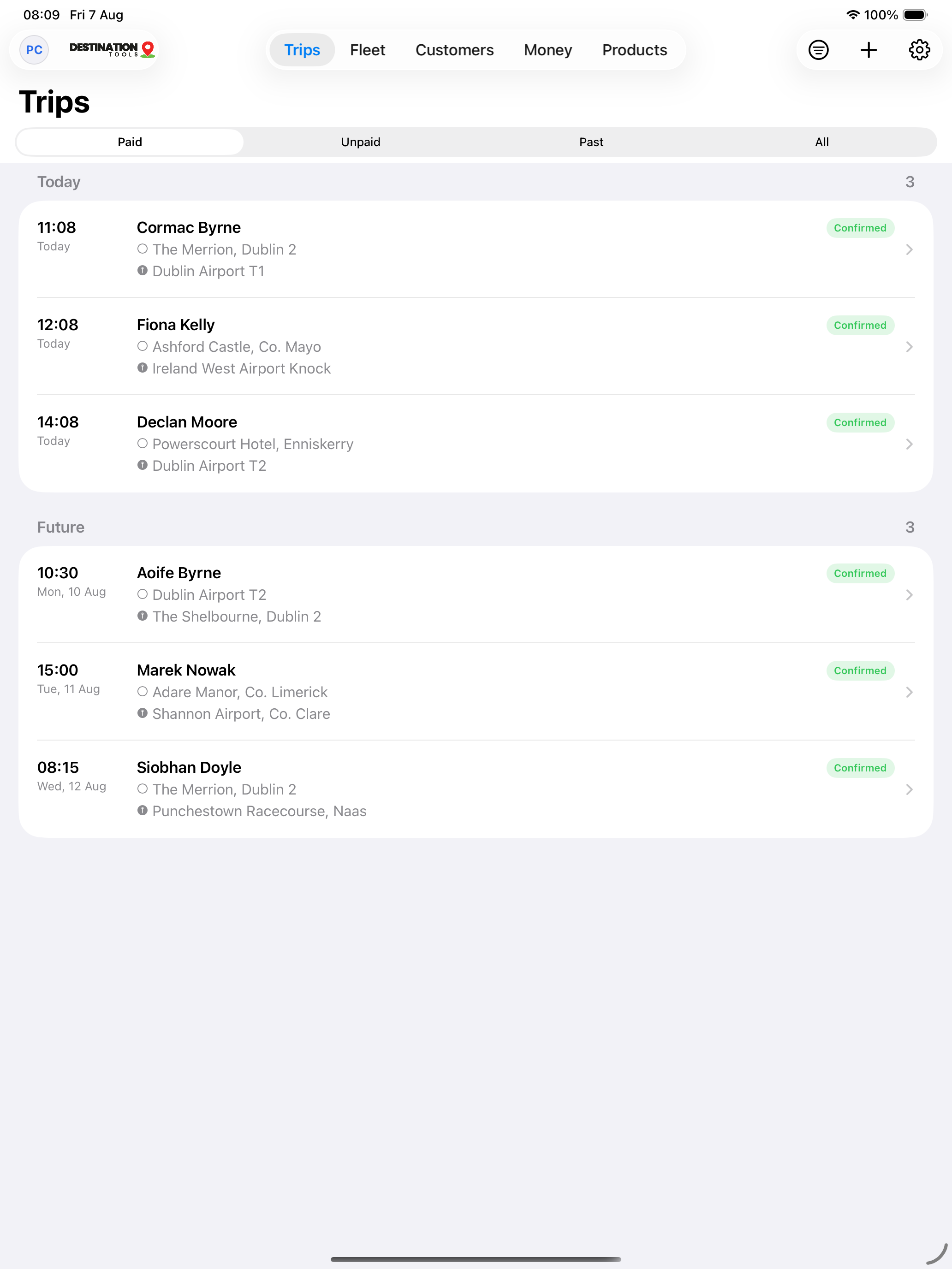 The Destination Tools operator app on iPad, showing today's trips.