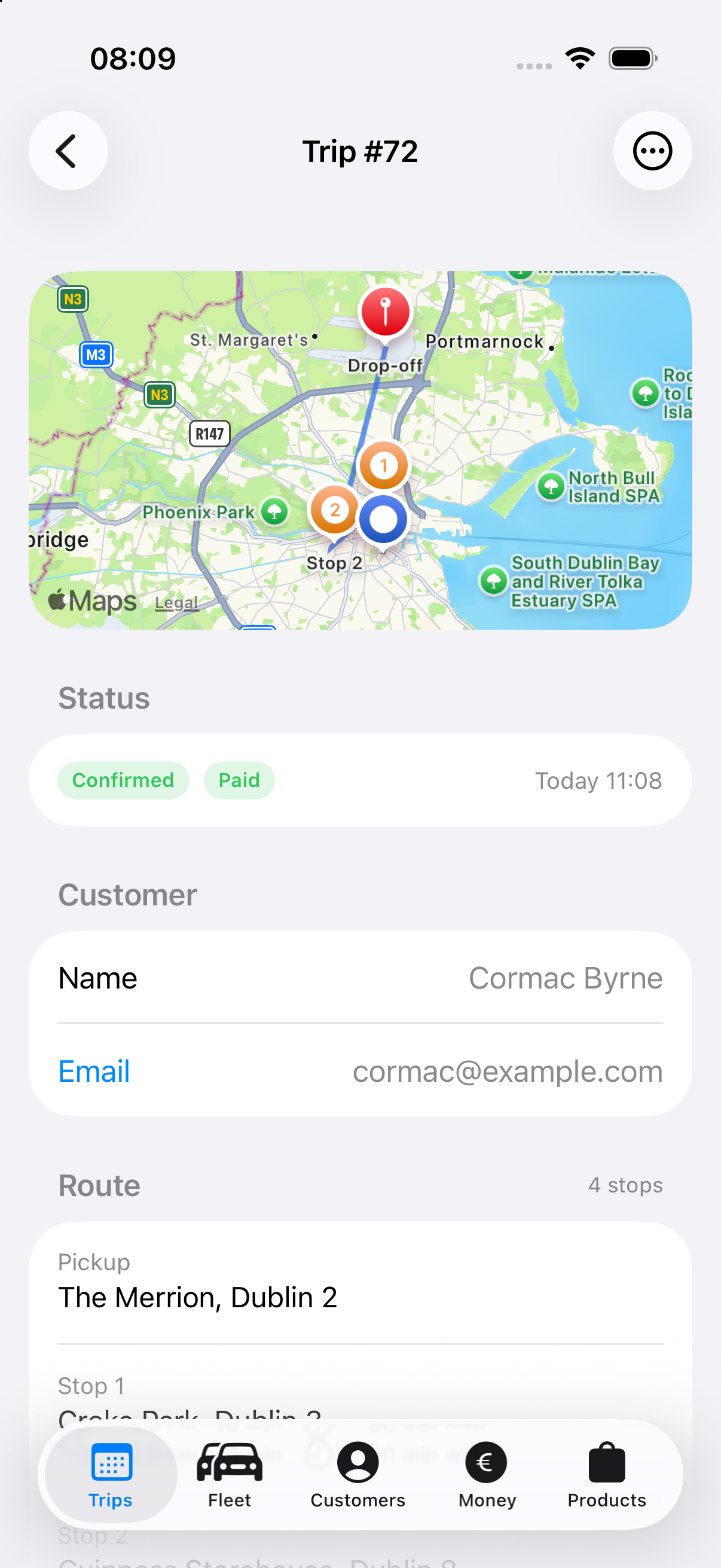A trip open in the operator app, showing the route drawn on a map with the stops listed in order.