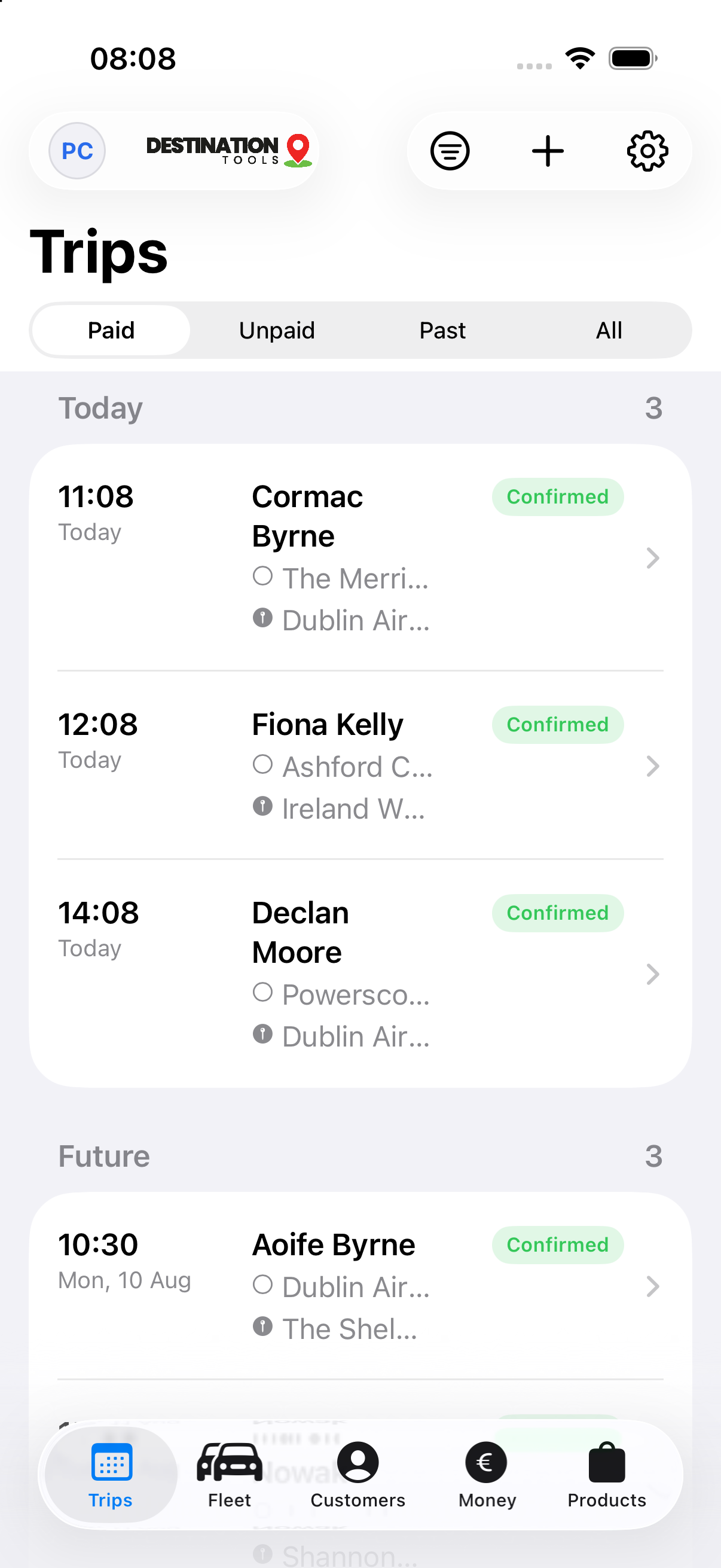 The operator app on iPhone, listing today's confirmed trips.