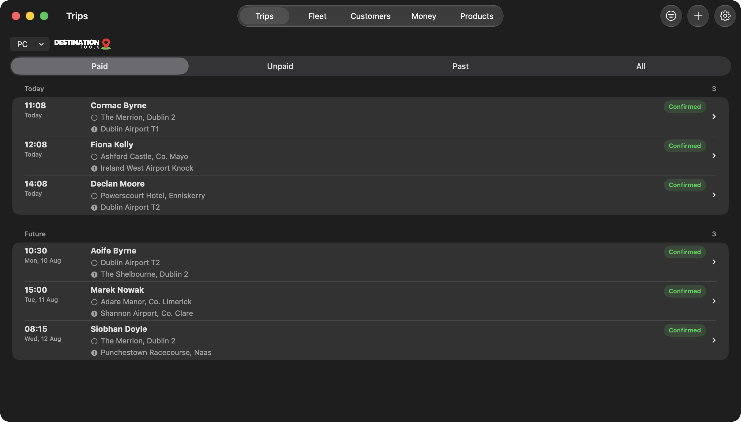 The Destination Tools operator app running natively on macOS, showing today&rsquo;s trips grouped by time.