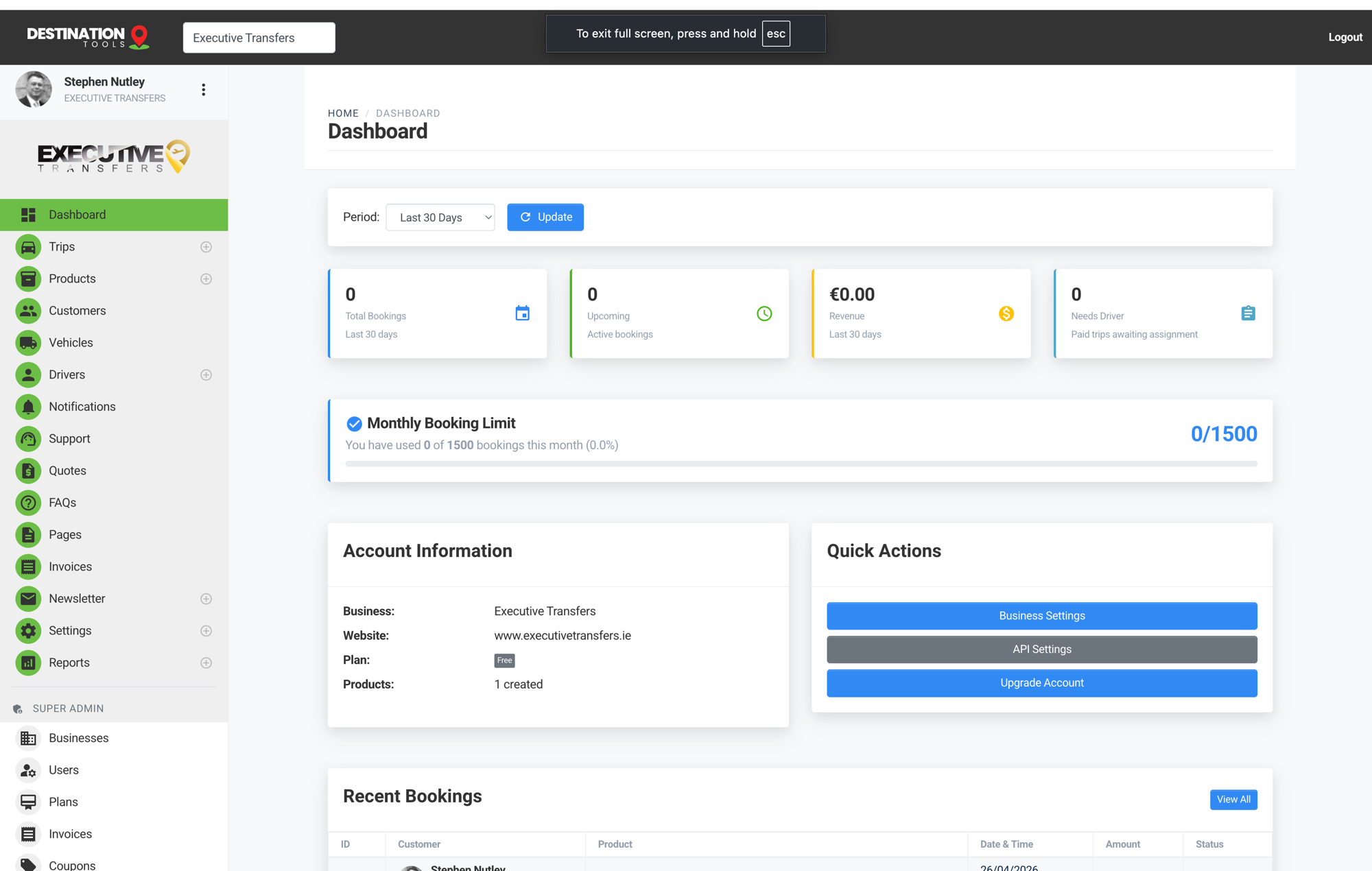 Destination Tools admin dashboard — real screenshot
